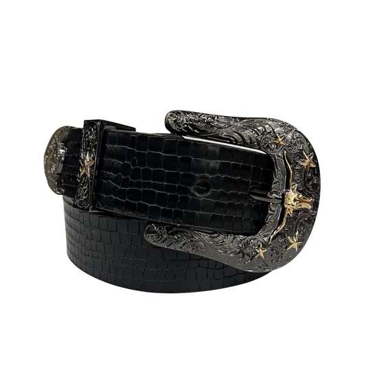 Cinturon vaquero en piel genuina para caballero modelo #3078 Negro (Hebilla CowBoy) 40mm