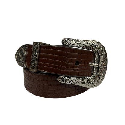 Cinturon vaquero en piel genuina para caballero modelo #3078 Cafe (Hebilla CowBoy) 40mm