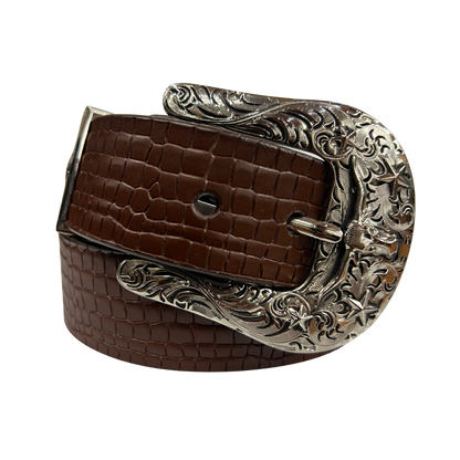 Cinturon vaquero en piel genuina para caballero modelo #3078 Cafe (Hebilla CowBoy) 40mm