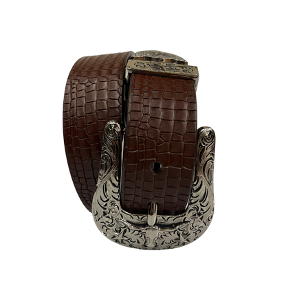 Cinturon vaquero en piel genuina para caballero modelo #3078 Cafe (Hebilla CowBoy) 40mm