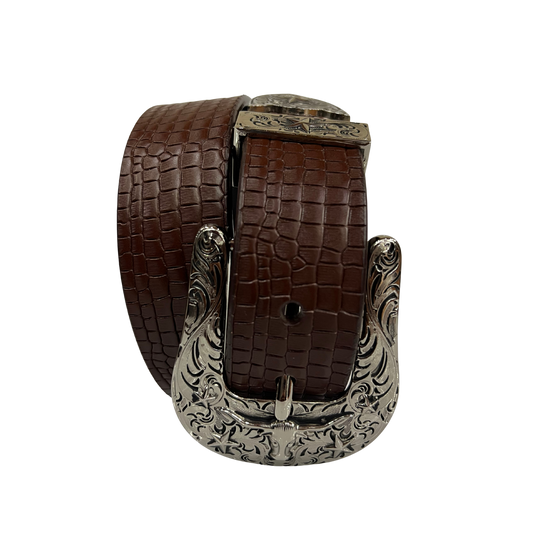 Cinturon vaquero en piel genuina para caballero modelo #3078 Cafe (Hebilla CowBoy) 40mm