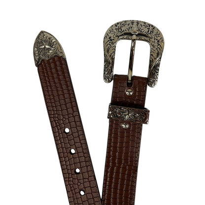 Cinturon vaquero en piel genuina para caballero modelo #3078 Cafe (Hebilla CowBoy) 40mm