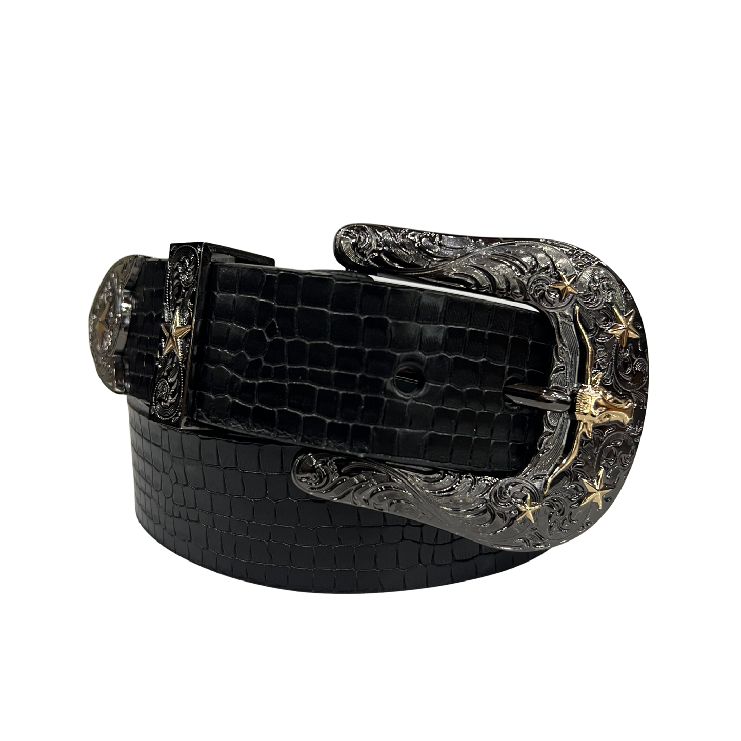 Cinturon vaquero en piel genuina para caballero modelo #3078 Negro (Hebilla CowBoy) 40mm