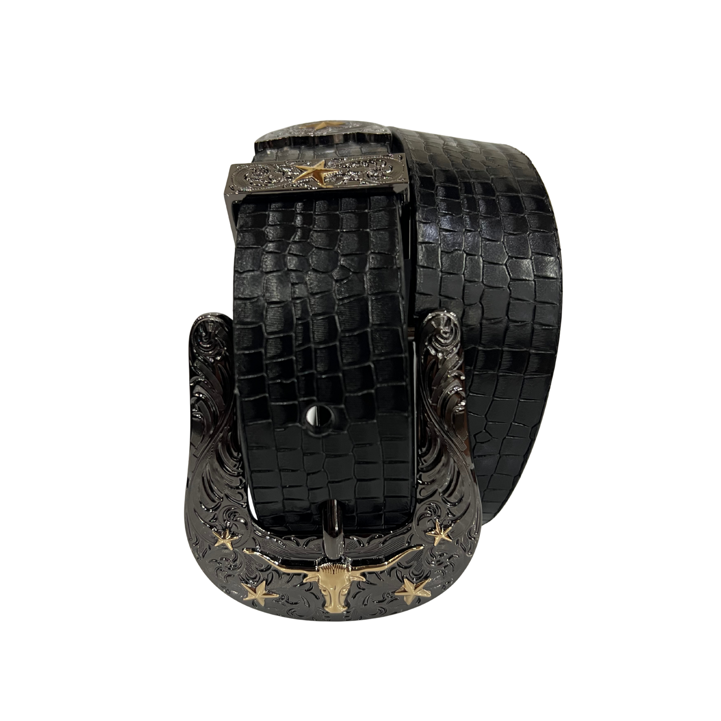 Cinturon vaquero en piel genuina para caballero modelo #3078 Negro (Hebilla CowBoy) 40mm