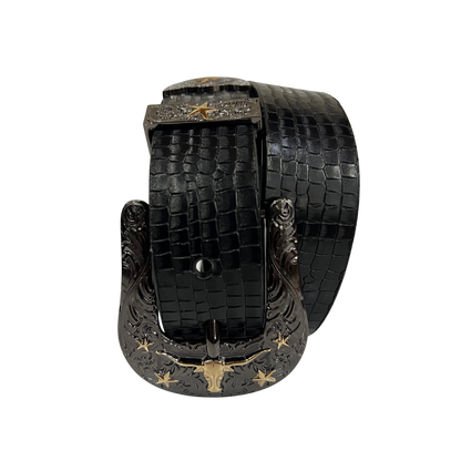 Cinturon vaquero en piel genuina para caballero modelo #3078 Negro (Hebilla CowBoy) 40mm