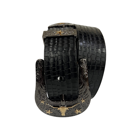 Cinturon vaquero en piel genuina para caballero modelo #3078 Negro (Hebilla CowBoy) 40mm